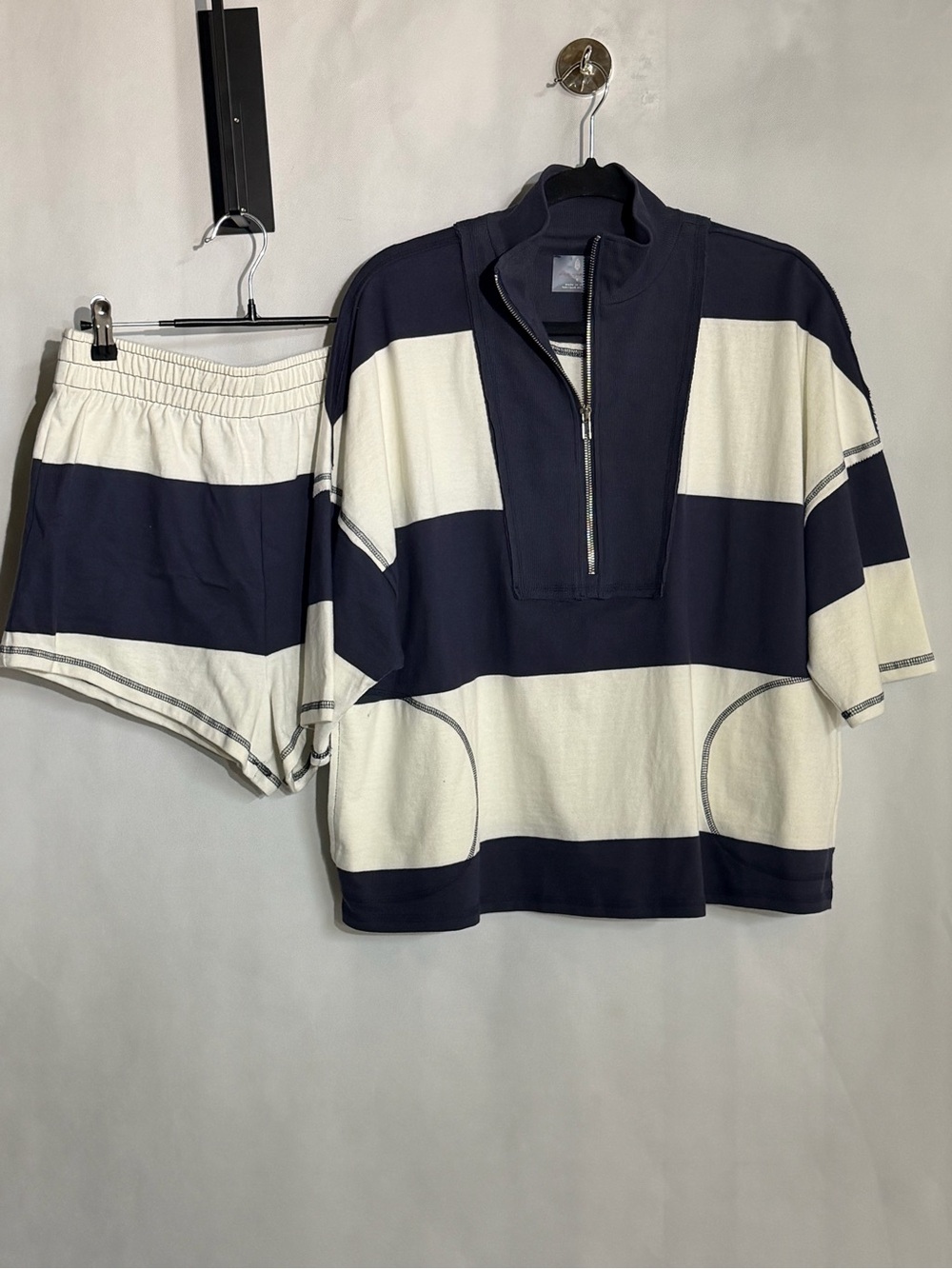 Free People Blue Ivory Colorblock Quarter Zip Pullover Shorts Set Small NWT